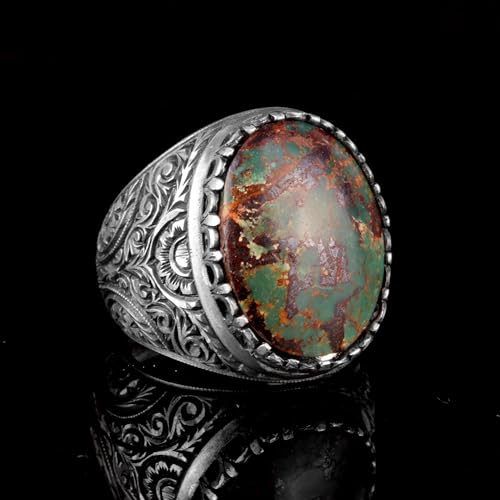 KAMBO Handmade 925 Sterling Silver Turquoise Ring for Men - Genuine Arizona Turquoise Gemstone, Vintage Elegant Style-2 