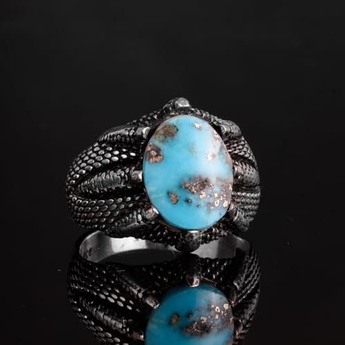 KAMBO Handmade 925 Sterling Silver Men's Ring with Natural Turquoise Gemstone and Claw Detail, Vintage Mythical Warrior 