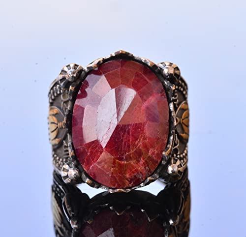 KAMBO Handmade 925 Sterling Silver Mens Ruby Ring, 17.90 Carat Natural Red Gemstone, Art Deco Mosque Design, Vintage Sta