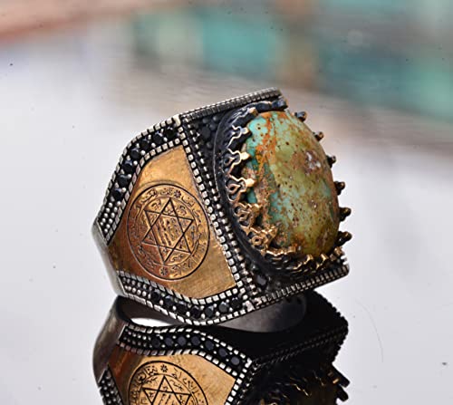 KAMBO Handmade 925 Sterling Silver Men's Ring with Genuine Arizona Turquoise Gemstone 8.70 Carat, Minimalist David of St