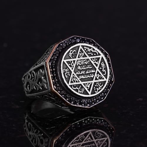 KAMBO Solomon Seal Ring Handmade 925 Sterling Silver Men’s Statement Ring with Onyx Stone and Star of David Jewish Desig