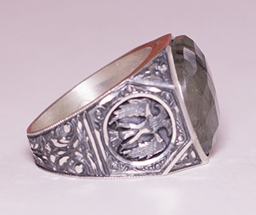 KAMBO Handmade 925 Sterling Silver Ring with Natural Quartz Rutilated Gemstone, Double Headed Eagle Design, Vintage Stat