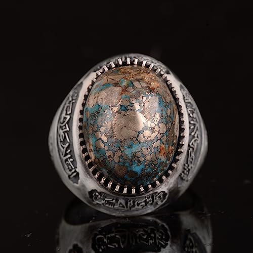 KAMBO Handmade 925 Sterling Silver Men's Ring with Genuine Natural Turquoise Stone, Islamic Calligraphy Design, Vintage 