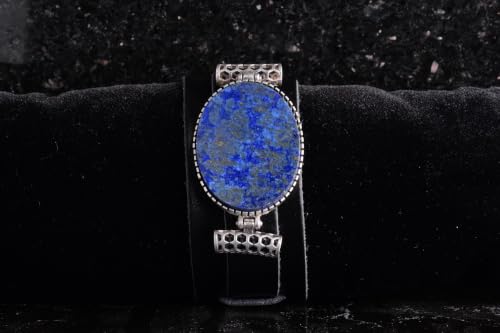 KAMBO Natural Lapis Lazuli Genuine Leather Cuff Bracelet for Men, Stone in 925 Sterling Silver Frame, Handmade Wide Wris