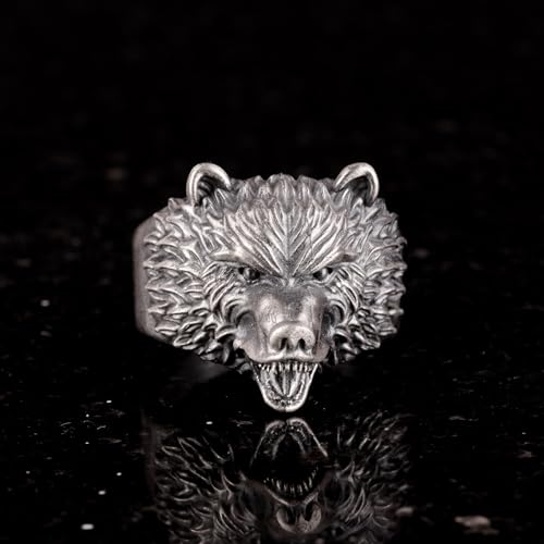 KAMBO Handmade 925 Sterling Silver Bear Head Men’s Ring - Gothic Angry Bear Design, Animal Motif Statement Jewelry, Vint
