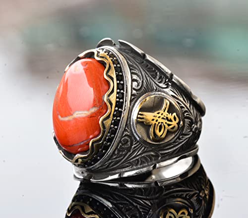 KAMBO Handmade Genuine Natural Bloodstone Ring 11.15 Carat, 925 Sterling Silver Ottoman Signet Ring, Middle Eastern Ethn