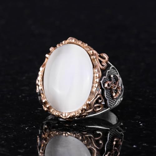KAMBO White Catseye Created Stone Ring in 925 Sterling Silver - Unique Sailor Anchor Design - Diverse Collection of Crea