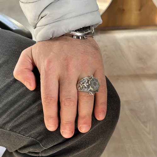 Falcon Jewelry, Mens Solomon Ring, Star of David Seal Symbol, David of Star, Gift Gents, Talisman Ring, 925 Sterling Sil