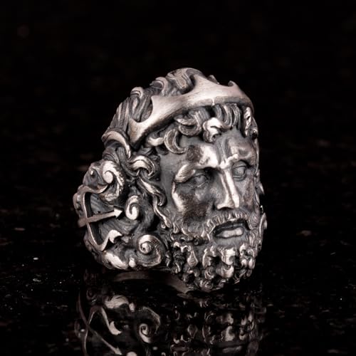 KAMBO Handmade 925 Sterling Silver Roman God Neptune Ring for Men, Gothic Trident Engraved Greek Mythological Design, Vi