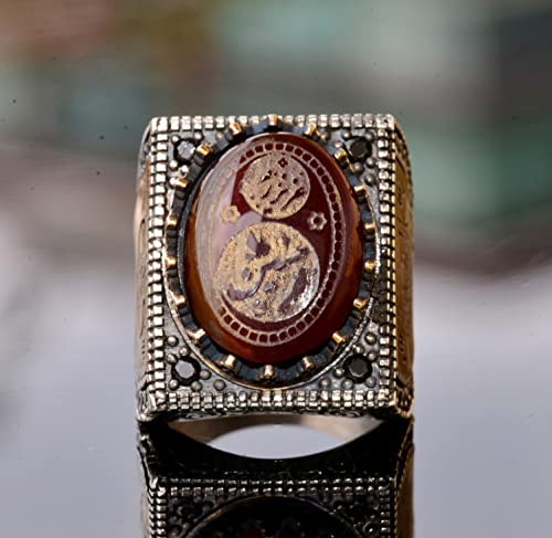 KAMBO Handmade 925 Sterling Silver Men's Ring with Natural Agate Gemstone, Islamic Engraved Art Deco Design, Vintage Rel