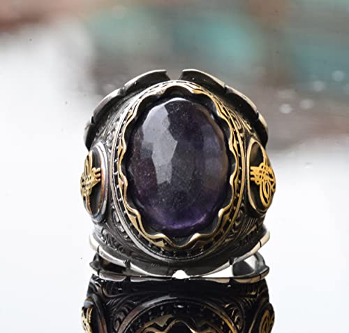 KAMBO Handcrafted Men's Ring with Genuine Blue Sapphire - 925 Sterling Silver, Intricate Ottoman Sign Design, Middle Eas
