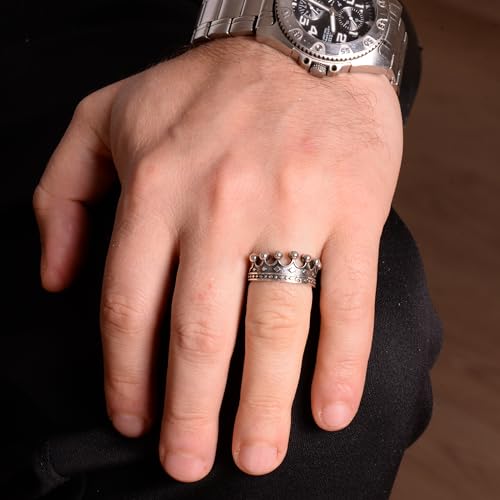 Falcon Jewelry KAMBO Handmade 925 Sterling Silver Crown Motif Ring for Men – Vintage Statement King Style Band, Unique S