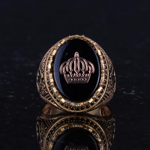 KAMBO Handmade Men's Crown Ring with Created Pearl, 925 Sterling Silver and Gold Plating, Vintage Flag Design, Statement