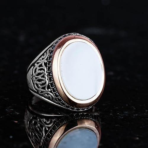 KAMBO Mother of Pearl Ring, Natural Pearl Stone Silver, 925 Sterling Silver Men's (Personalization) — 5