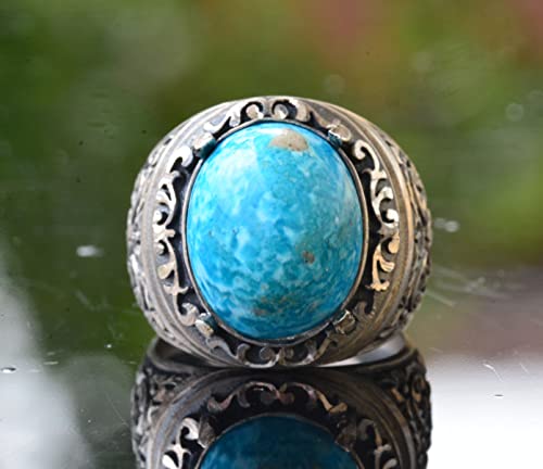 KAMBO Handmade Natural Turquoise Stone Men's Ring in 925 Sterling Silver, Vintage Style-2 Statement Ring, Unique Gift fo
