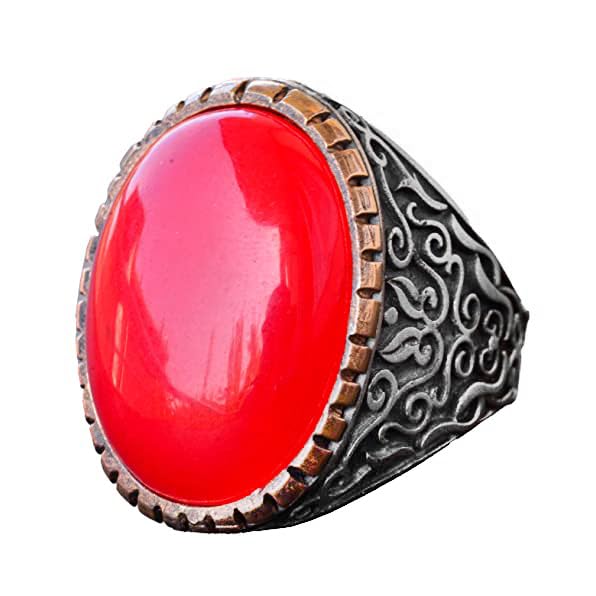 Handmade Artificial Coral Stone Silver Men's Large Ring - Symbol of Passion and Protection