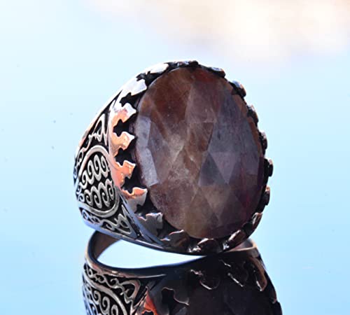 KAMBO Handmade 925 Sterling Silver Men's Ring with Genuine Natural Sapphire Oval Gemstone, Art Deco Vintage Statement De