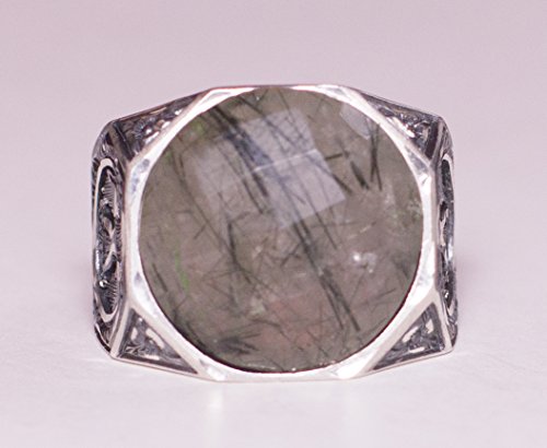 KAMBO Handmade 925 Sterling Silver Ring with Natural Quartz Rutilated Gemstone, Double Headed Eagle Design, Vintage Stat
