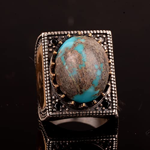 KAMBO 925 Sterling Silver Men's Ring with Natural Turquoise Stone, Handmade Vintage Square Design Gemstone Statement Rin