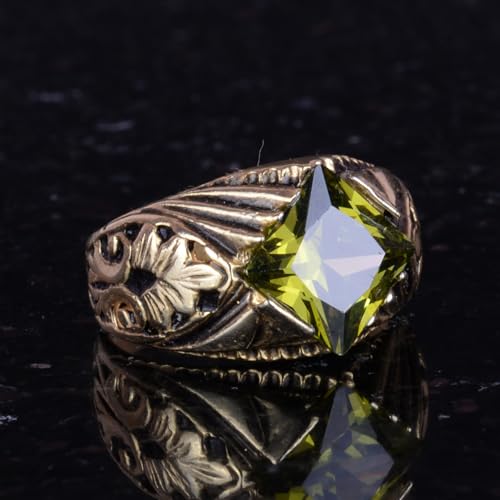 KAMBO Handmade Modern Men's Ring with Created Peridot Gemstone, Gold Plated 925 Sterling Silver, Elegant Statement Jewel