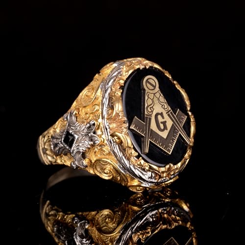 KAMBO Handmade Onyx Ring for Men, 925 Sterling Silver Gold Plated King Style Masonic Design, Vintage Statement Jewelry, 
