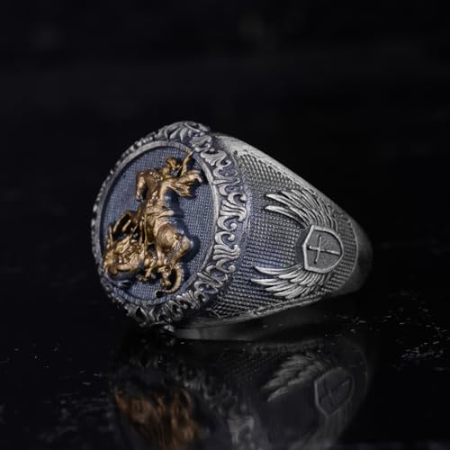 KAMBO 925 Sterling Silver St George and Dragon Men's Ring – Handcrafted Medieval Knight Signet Ring – Solid Silver Artis