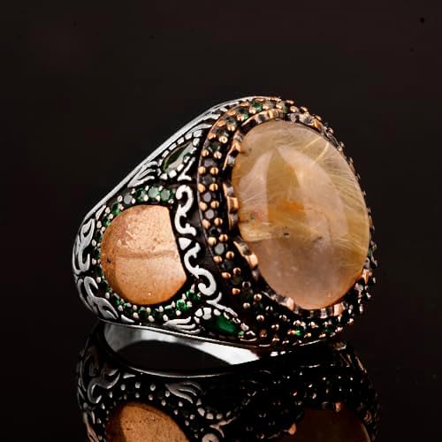 Natural Golden Rutilated Quartz Stone Ring - Silver Men's Ring — 6