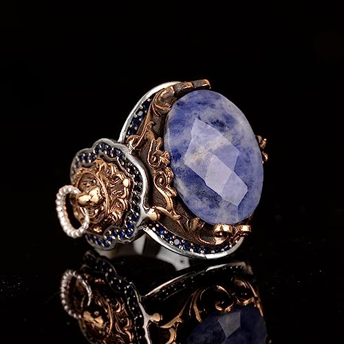 KAMBO Handmade 925 Sterling Silver Men's Ring with Genuine Sodalite Gemstone, Lion Design, Gold Plated Vintage Statement
