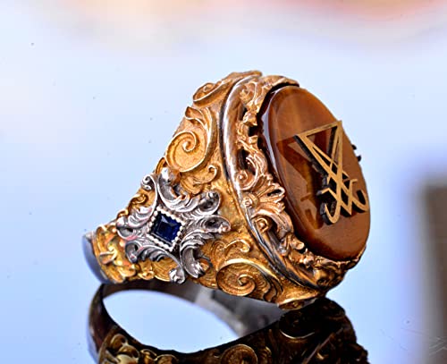 KAMBO Handmade 925 Sterling Silver Men's Signet Ring with Tiger Eye Stone, Satanic Sigil of Lucifer Gothic Occult Design