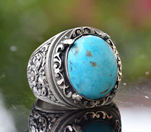KAMBO Handmade Men's Ring with Natural Turquoise Stone in 925 Sterling Silver, Vintage Style-1 Design, Statement Jewelry