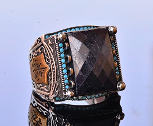 KAMBO Handmade 925 Sterling Silver Men's Blue Sapphire Rectangle Gemstone Ring, Vintage Arabic Islamic Design, Statement