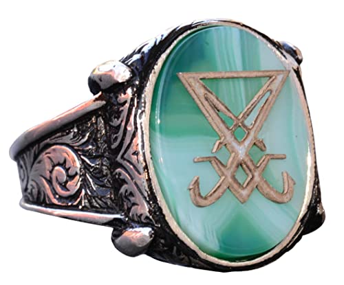 Handcrafted 925 Sterling Silver Men's Ring with Satanic Symbol and Created Onyx Stone, Unique Mystical Design