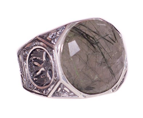 KAMBO Handmade 925 Sterling Silver Ring with Natural Quartz Rutilated Gemstone, Double Headed Eagle Design, Vintage Stat
