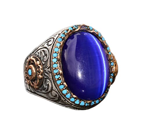 KAMBO Handmade 925 Sterling Silver Unisex King Ring with Blue Cats Eye Stone, Vintage Art Deco Design, Statement Jewelry