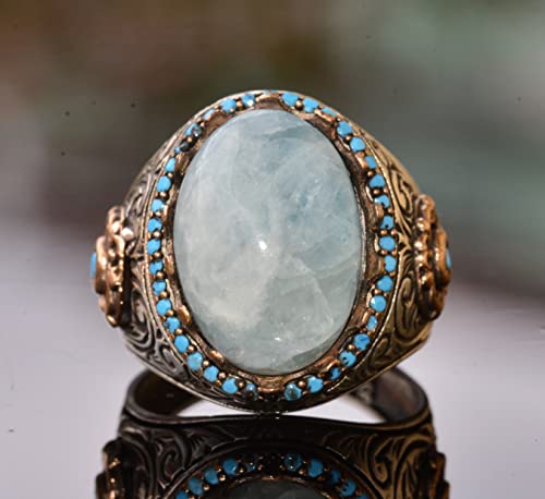 KAMBO Handmade 925 Sterling Silver Larimar Gemstone King Ring for Men, Vintage Art Deco Statement Jewelry, Natural Blue 