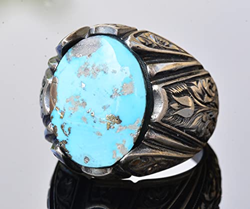 KAMBO Handmade Vintage Men's Ring with Real Natural Arizona Turquoise Stone in 925 Sterling Silver - Statement Style-3 D
