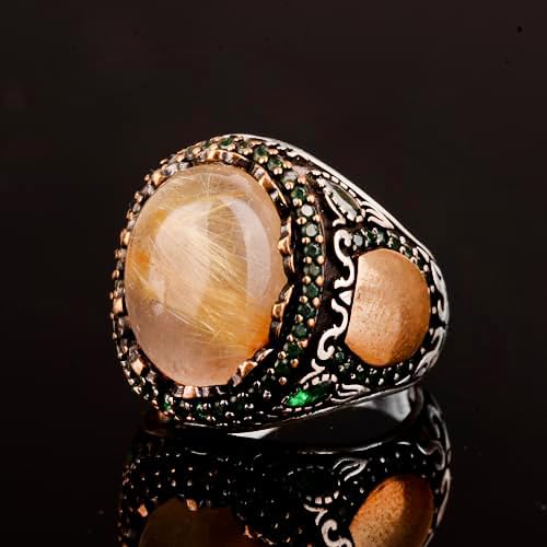 Natural Golden Rutilated Quartz Stone Ring - Silver Men's Ring — 4
