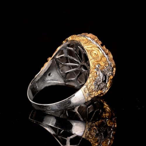 Master Mason Ring - 925 Sterling Silver, Gold Plated Black Obsidian, Mason Symbol Celtic Design Men's Jewelry — 7