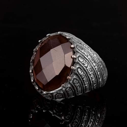 KAMBO Handmade 925 Sterling Silver Smoky Quartz Ring for Men, Genuine Natural Gemstone Statement Ring, Vintage Style Bir