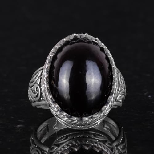 KAMBO Handmade Men's Garnet Ring in 925 Sterling Silver - Minimalist Deep Solid Silver Design with Natural Garnet Stone 