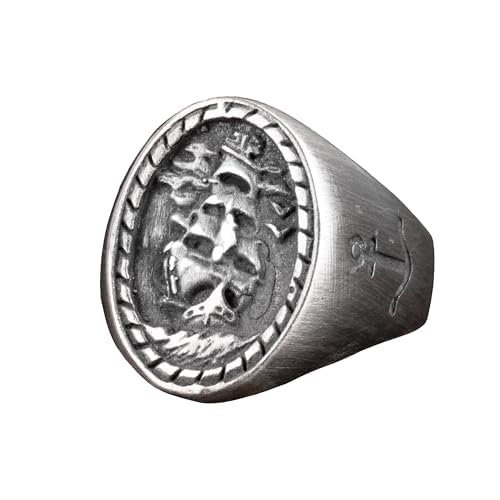 KAMBO Handmade Viking Pirate Sailing Ship Signet Ring for Men, 925 Sterling Silver Adjustable Anchor Design, Minimalist 