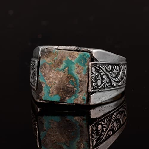 KAMBO Handmade Men's Ring in 925 Sterling Silver with Genuine Arizona Turquoise Stone, Vintage Style-3 Design, Statement
