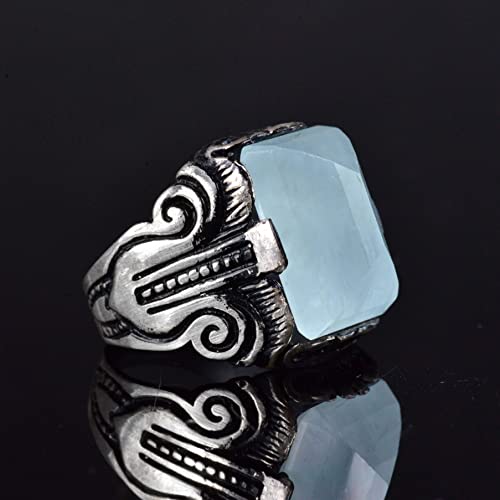 KAMBO Handmade Genuine Natural Aquamarine Gemstone Men's Ring, 925 Sterling Silver, Elegant Vintage Statement Design, Bi