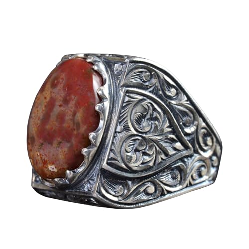 KAMBO Handmade 925 Sterling Silver Men's Bloodstone Ring with Intricate Vintage Engraved Design, Statement Gemstone Jewe