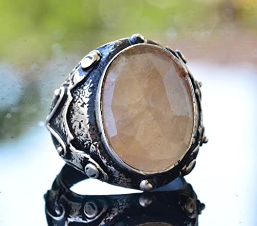 KAMBO Handmade 925 Sterling Silver Men's Yellow Sapphire Gemstone Ring, Vintage Statement Design, Solid Sterling Silver 