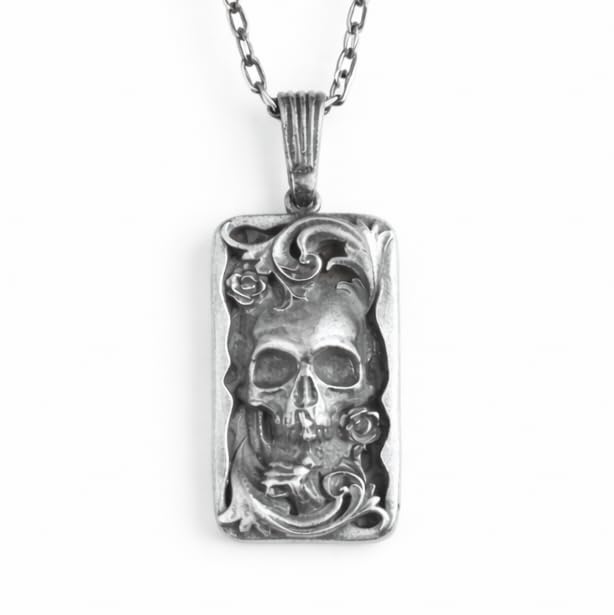 KAMBO 925 Sterling Silver Skull Necklace – Gothic Skeleton Necklace – Vintage Style Skull Jewelry – Handmade Statement Necklace – Gift for Her