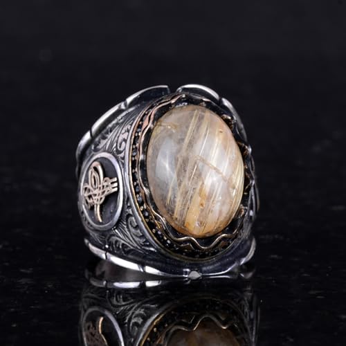 KAMBO Handmade 925 Sterling Silver Men's Ring with Golden Rutilated Quartz Cabochon, Minimalist Ottoman Tugra Design, Vi