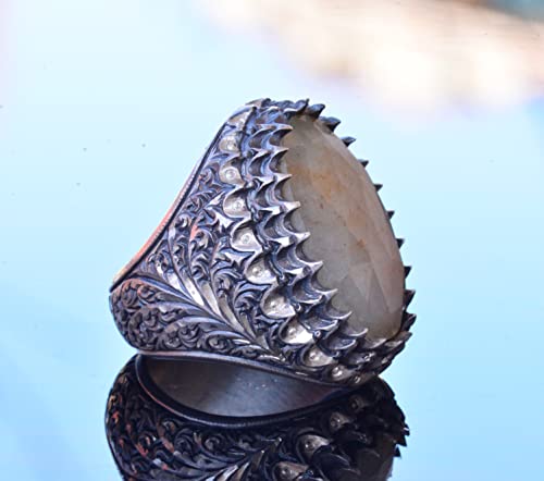 Genuine Real Natural Sapphire Gemstone Ring, 925k Sterling Silver Big Men's Ring