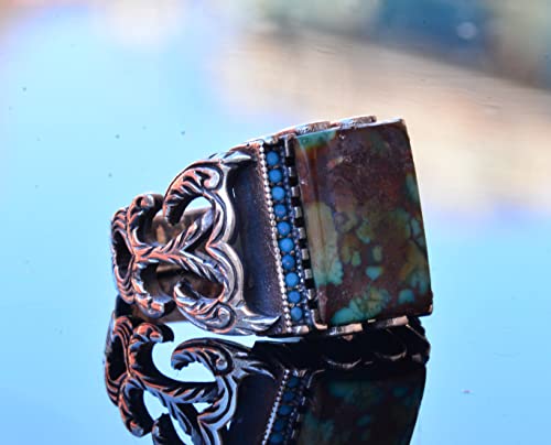 KAMBO Handmade Vintage Style-3 Sterling Silver Ring for Men with Genuine Natural Arizona Turquoise Gemstone - 925 Sterli