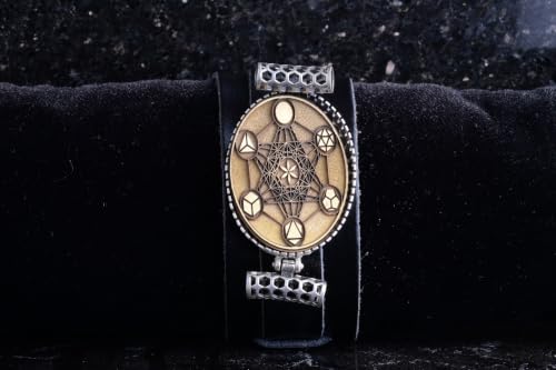 KAMBO Genuine Leather Cuff Bracelet for Men, Metatron Cube Symbol Medallion in 925 Sterling Silver Frame, Handmade Wide 